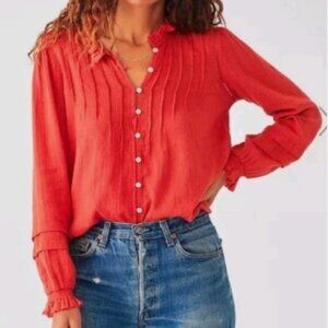 Faherty Size XS Willa Top 100% Organic Cotton Ruffle Long Sleeve Blouse $158 NEW